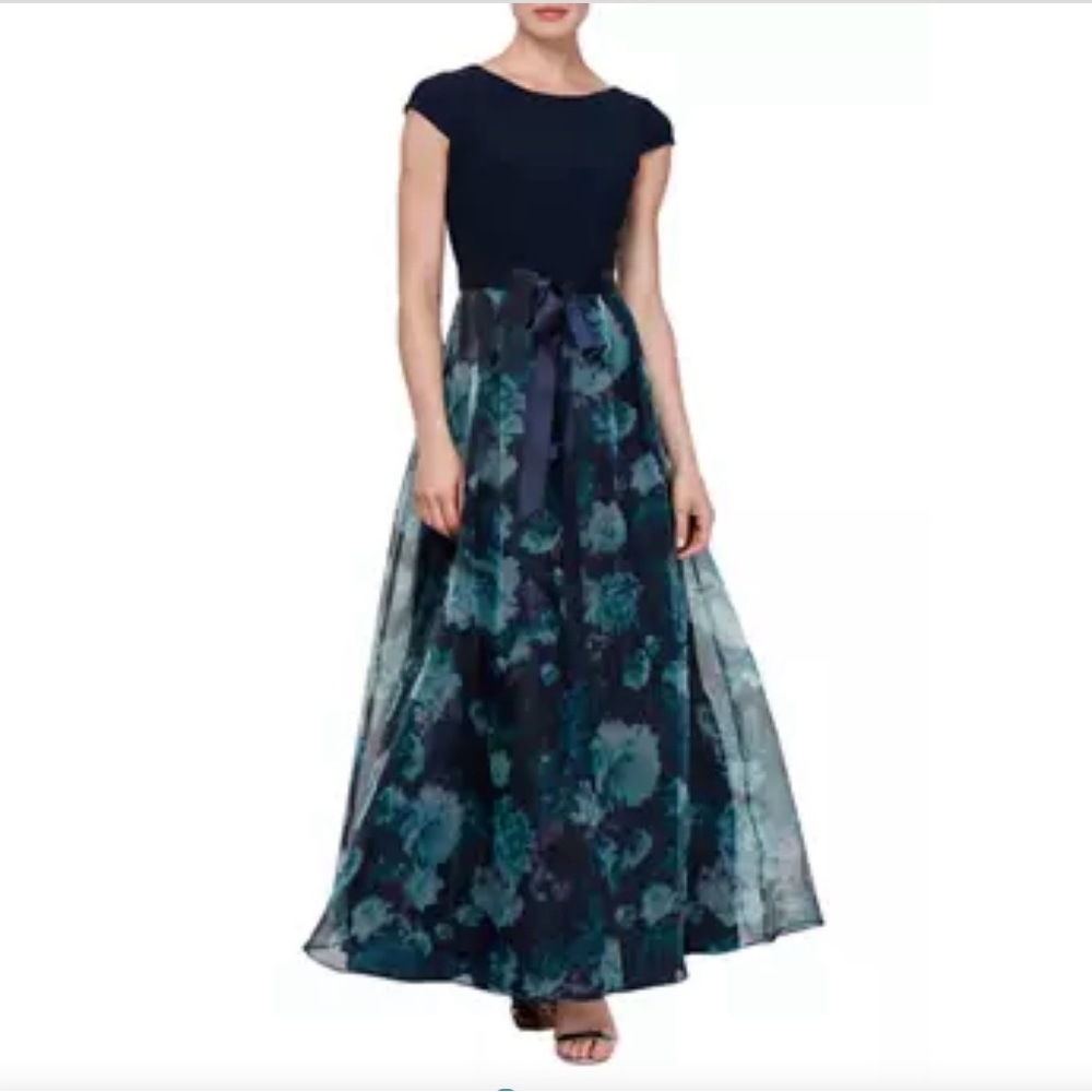 SLNY Navy and Teal Floral Maxi Dress